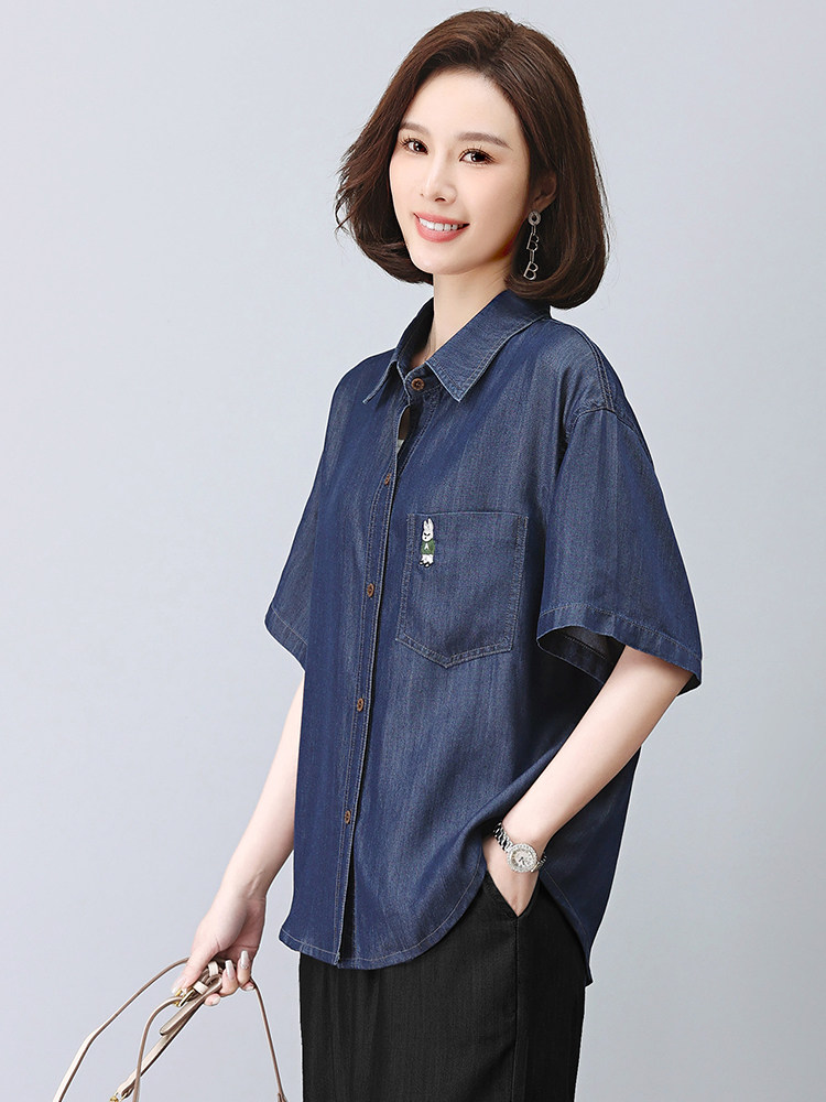 时尚宽松牛仔短袖衬衫女夏季新款百搭显瘦休闲上衣，女装衬衫，悦见她