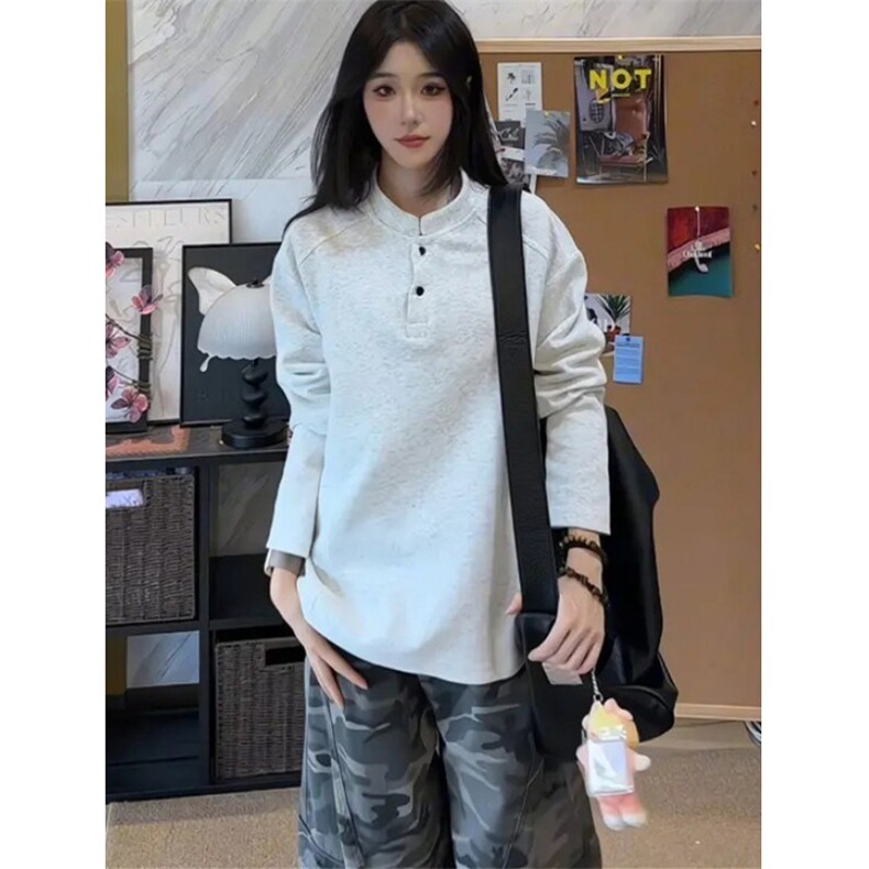 浅灰色美式亨利领卫衣男款秋季高级感正肩长袖t恤内搭打底polo衫,男装Polo衫,星座1116A（原606A-3）