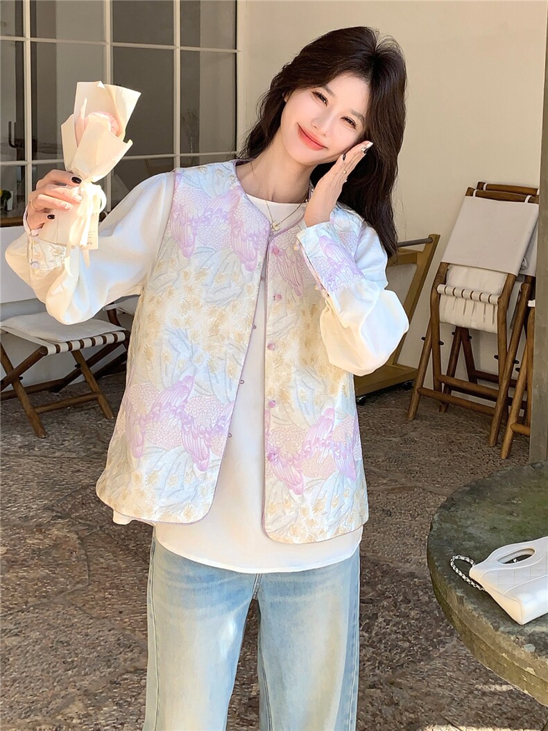 紫色高级感撞色刺绣风马甲小衫套装两件套女早春秋两面穿马夹,女装短外套,艾米莉亚