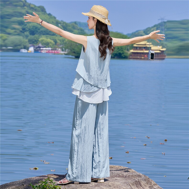 （新款现货）2026夏装时尚莱赛尔花苞假两件上衣阔腿裤套装两件套,女装套装/套裙,印象茜