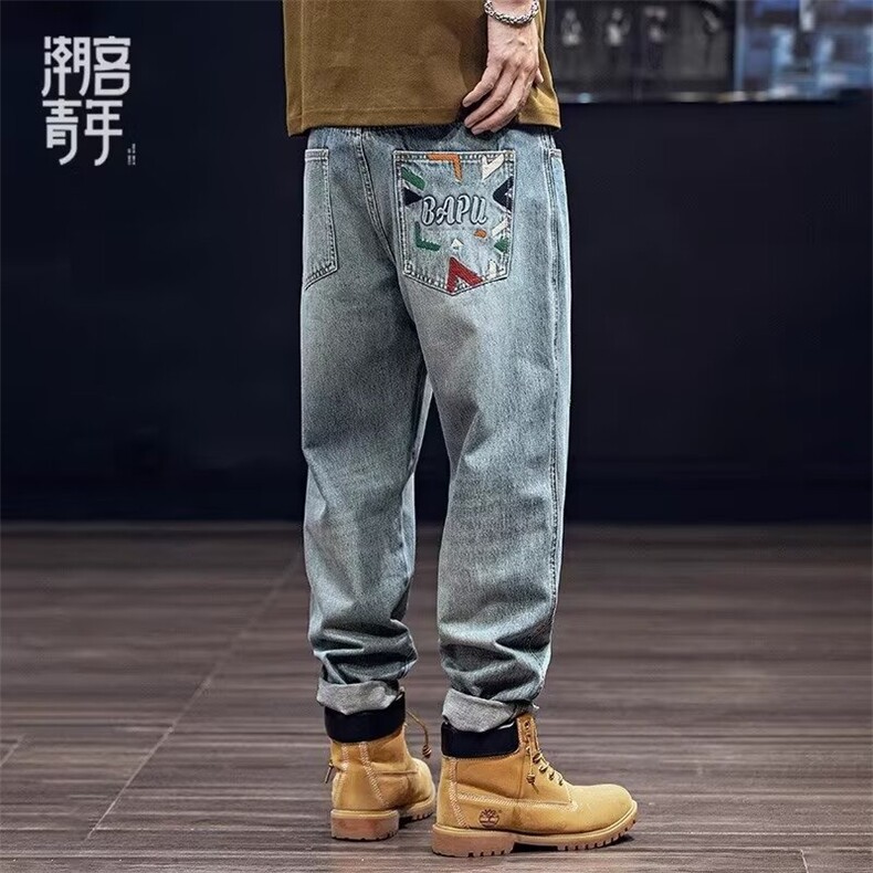 新款美式水洗牛仔裤男士宽松大码直筒锥形裤夏季休闲长AM6667 P48图片