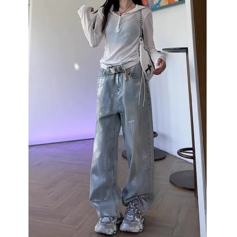 烫银色高腰天丝阔腿牛仔裤女秋季新款美式小众梨形身材垂感拖地裤,女装牛仔裤,星座218-8