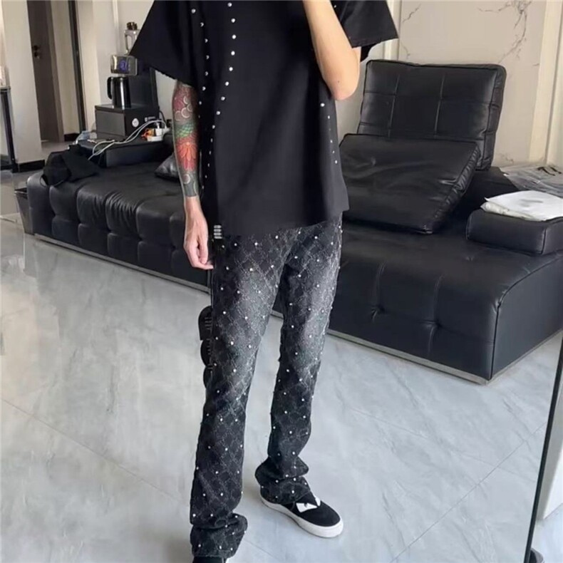 高街美式黑色男士满天星牛仔裤柳丁破洞刺绣弹力潮流牛仔裤,男装牛仔裤,四季星座505