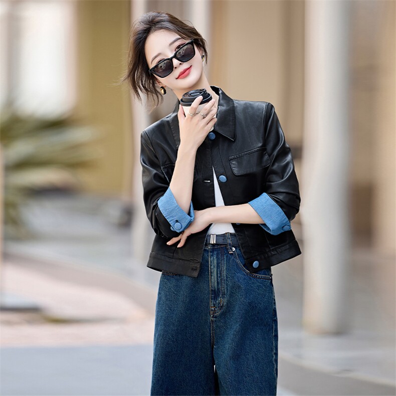 时尚翻领PU皮夹克外套女2025年春秋新款休闲百搭短款上衣,女装皮衣,潮流依族