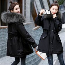 棉衣/棉服2021新款冬仿羊羔毛中长款工装带帽棉服女外套配毛领，女装派克服，瑶迪依秀