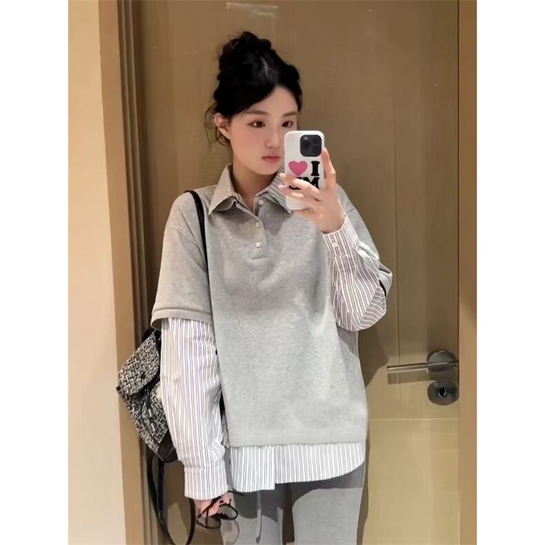 假两件polo衬衫领长袖尚休闲潮牌卫衣男女图片
