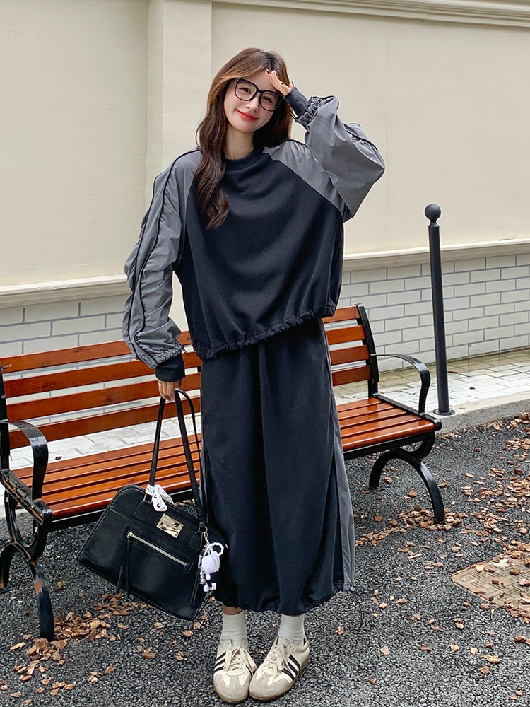 松弛感撞色休闲卫衣半身裙两件套女2025秋季新款韩系温柔甜美套装,女装套装/套裙,2D034
