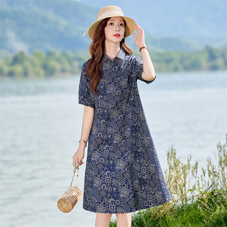 现货2025年夏季文艺复古印花妈妈休闲连衣裙,女装连衣裙,依恋蒂丝