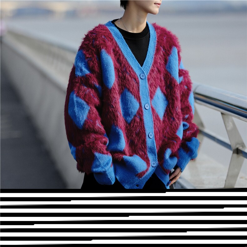 2024新款学院慵懒风撞色菱形开衫毛衣针织衫男女冬外套MZ660-P67,男装针织衫/毛衣,星座412-2