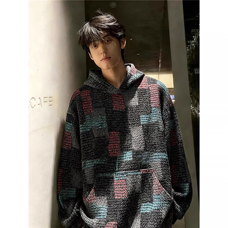 美式复古七彩格子卫衣男款秋冬重磅外套cleanfit连帽衫LM199-P73,女装短外套,星座1008