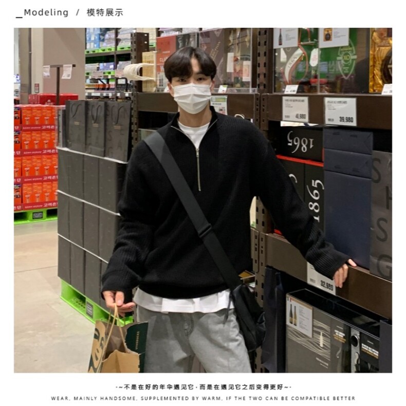 P39网络图YM94重磅针半拉链针织衫黑色灰色蓝色M~3XL,男装针织衫/毛衣,星座506A