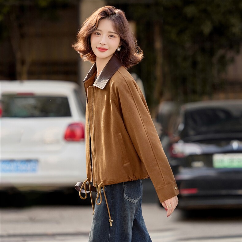 麂皮绒夹棉外套女2025冬季新款小个子棉服女翻领撞色帅气百搭外套,女装棉衣/棉服,梦懿尔