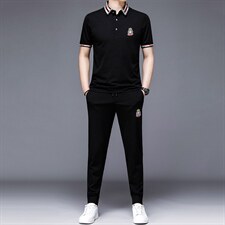 2023新款短袖长裤绣花两件套运动休闲翻领t恤套装轻奢潮流T夏装，男装休闲套装，电商B212（原钱塘6029）