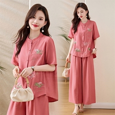 新中式套装女2025新款夏季民族风优雅宽松显瘦大码阔腿裤两件套潮，女装套装/套裙，魅影