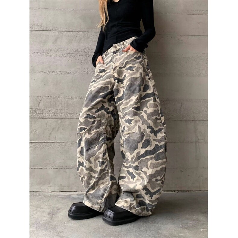 美式复古迷彩弯刀牛仔裤男女款2025春季新款修身显瘦阔腿拖地裤图片