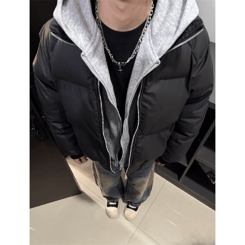 现货高品质重磅工艺美式高街假两件PU皮棉衣男女加厚棉服外套,男装棉衣,电商A486