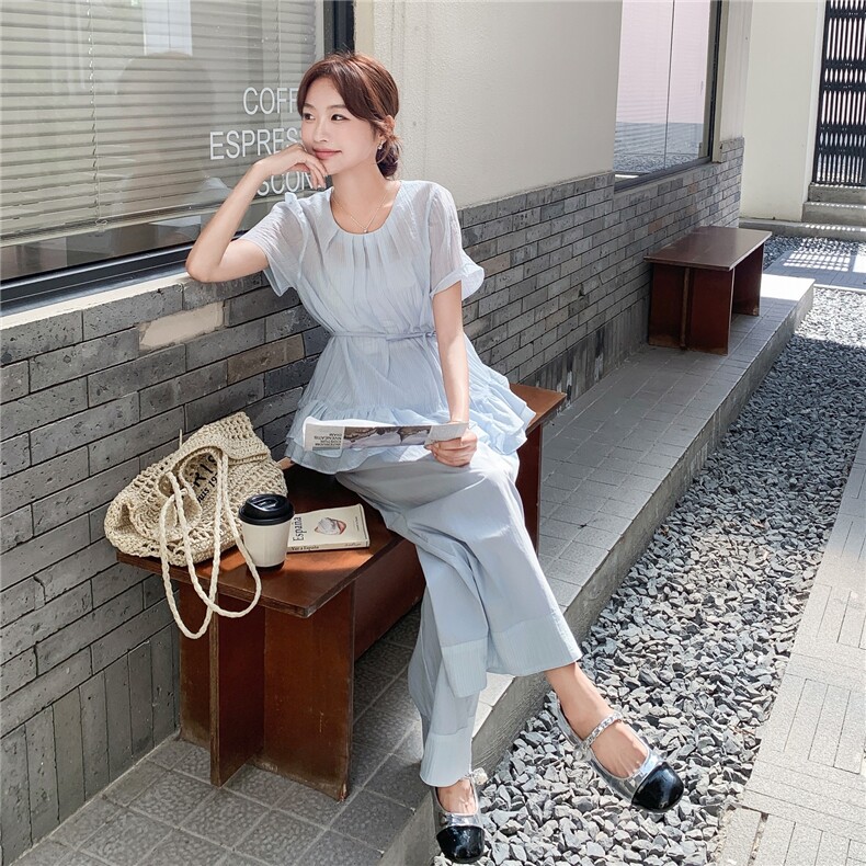 高级感蓝色上衣阔腿裤套装女2025夏季新款法式温柔显瘦漂亮两件套,女装套装/套裙,2C213