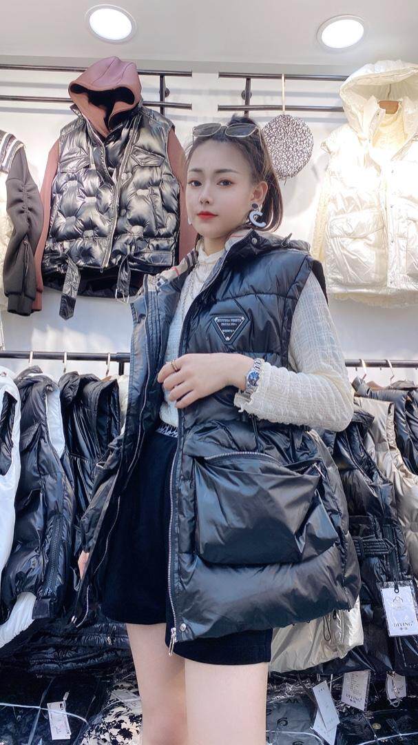 撞色格子帽抽绳马甲，女装马甲，帝瀛 DY