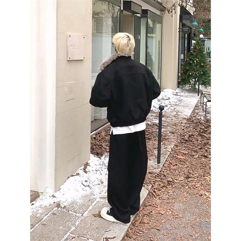 现货重磅硬挺boxy羽绒棉衣座山雕大毛毛领洗水麂皮棉服冬外套,男装棉衣,电商A486