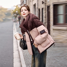 粉色撞色短款羽绒服女冬2024新款韩系慵懒风面包服，女装羽绒服，雅佳俏