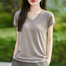 V领小飞袖针织衫女T恤薄款透气2025新款夏精纺细毛上衣短袖t恤衫，女装针织衫/毛衣，羿纯羊绒