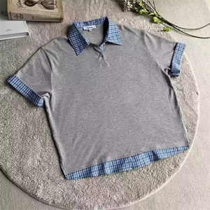 假两件拼接格纹POLO衫男夏季美式复古宽松休闲新款短袖t恤CS091图片