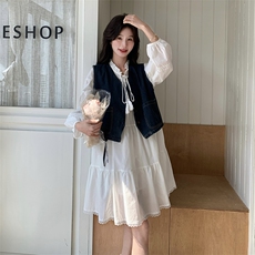 白色甜美减龄连衣裙女2025春季新款韩版宽松小个子马甲，女装连衣裙，2C122