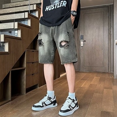 破洞牛仔短裤男士夏季2024新款宽松休闲五分裤子D601，男装牛仔裤，星座1116A-1（原606A）
