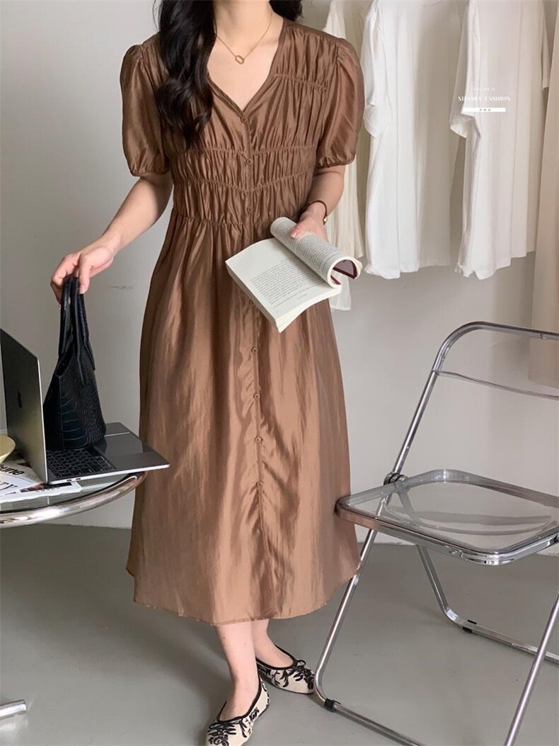 连衣裙XILYDIA韩夏季翻领抽绳系带收腰显瘦韩版长裙,女装连衣裙,香丽迪1