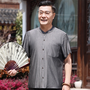 大量现货夏季男装中老年风短袖衬衫中年爸爸衬衫半袖上衣图片