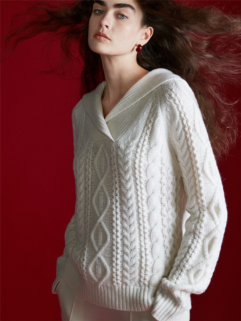 复古醇厚浮雕纽纹加厚款软糯35%羊绒连帽针织衫，女装羊绒衫，以美红杉羊绒