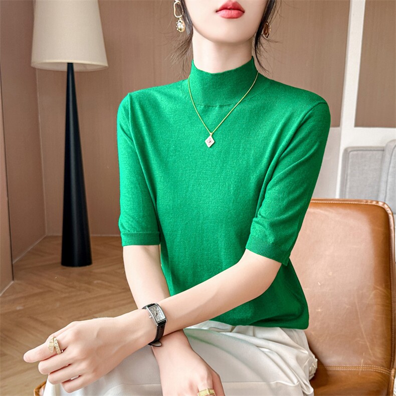 半高领天丝针织中袖T恤女修身显瘦春夏新款莱塞尔五分袖内搭打底,女装羊毛衫,庆大羊绒