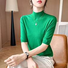 半高领天丝针织中袖T恤女修身显瘦春夏新款莱塞尔五分袖内搭打底，女装羊毛衫，庆大羊绒