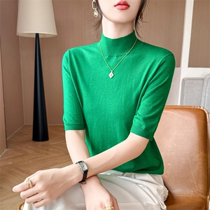 半高领天丝针织中袖T恤女修身显瘦春夏新款莱塞尔五分袖内搭打底图片