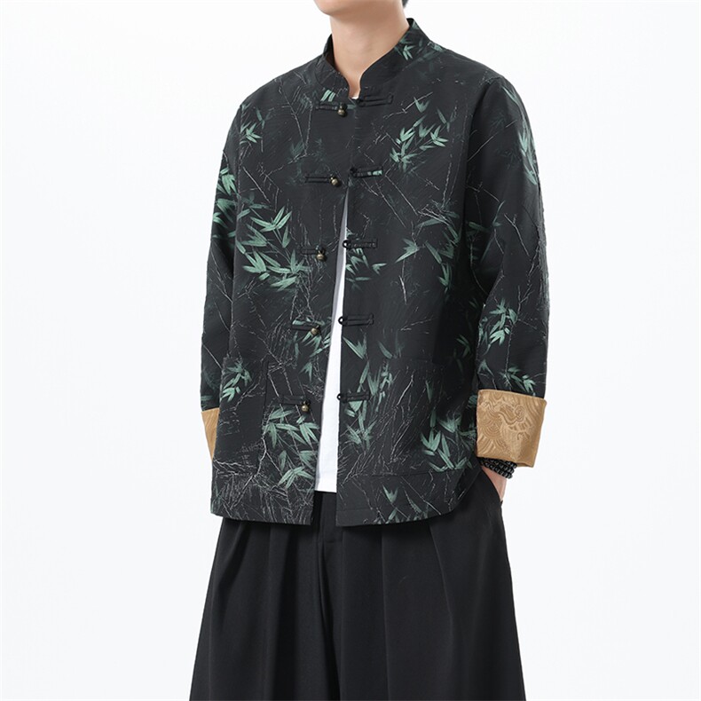 竹叶印花长袖外套新中式立领夹克唐装大码中山装1910-P100,男装夹克,电商B378（原B341）