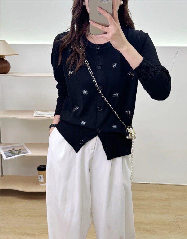 全身刺绣小花开衫长袖圆领2024年秋季针织上衣,女装羊毛衫,百纯羊绒