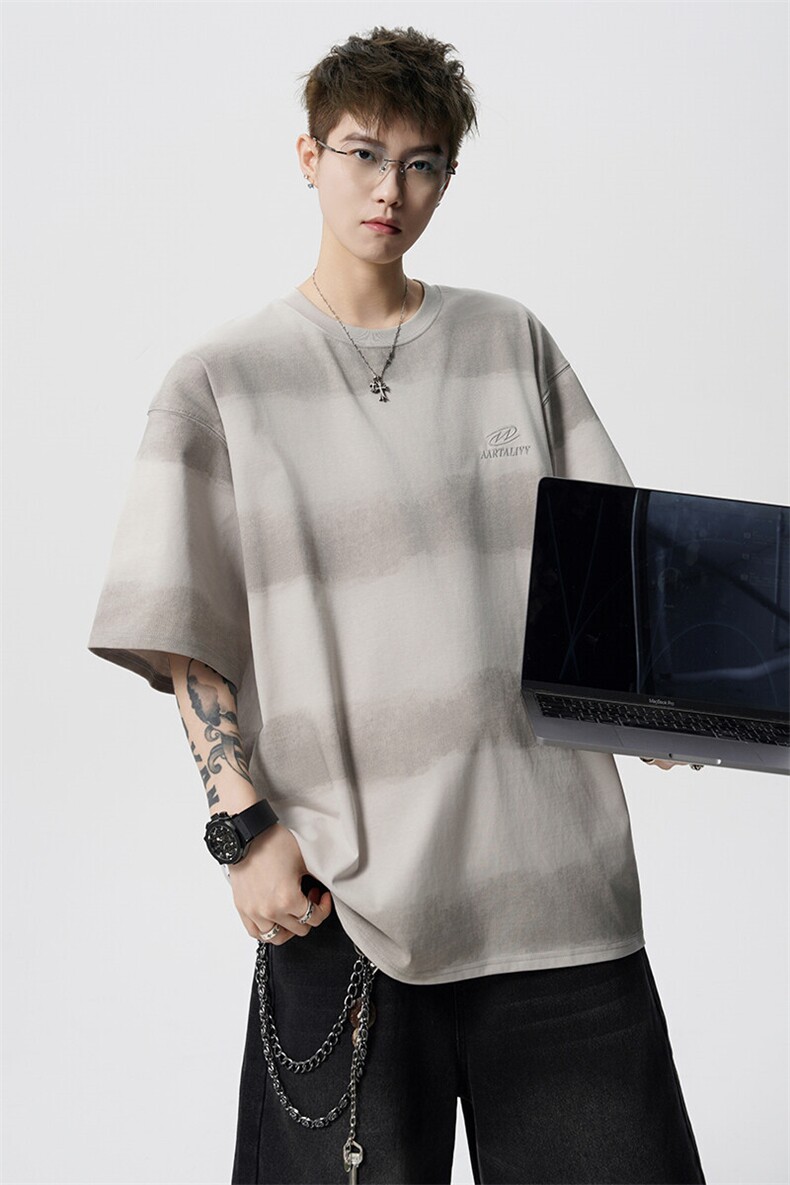 8XL-M高品质纯棉扎染条纹短袖T恤男宽松美式复古半袖情侣DX339,男装T恤,电商D206-1
