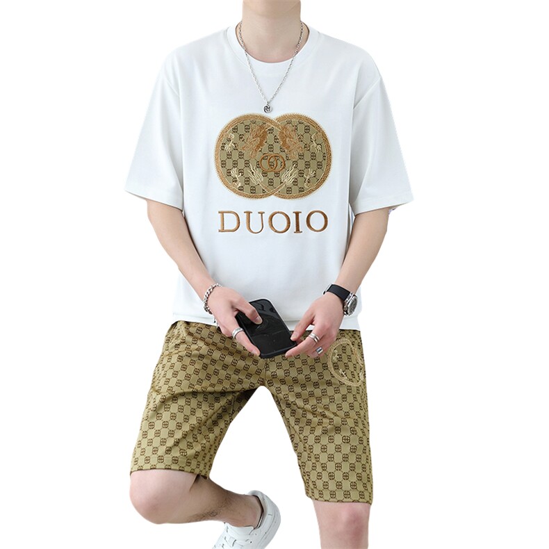 2025夏季新款个性时尚套装华夫格轻奢短裤龙纹潮牌宽松T恤两件套,男装休闲套装,星座1801