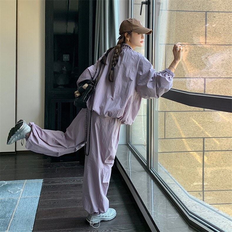 今年流行紫色冲锋衣外套女早秋2025新款百搭休闲风显瘦工装裤套装,女装套装/套裙,纯色衣恋