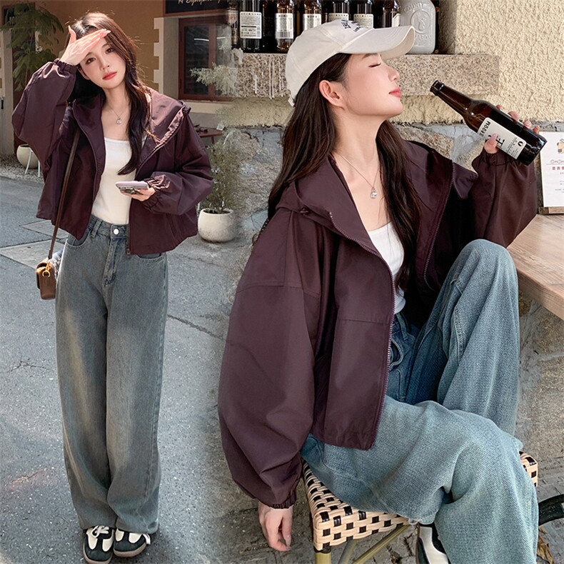 韩版时尚休闲短款连帽外套女2025春秋季新款宽松显瘦时髦夹克上衣图片