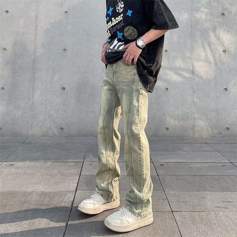 美式高街vibe水洗做旧黄泥染牛仔裤男春秋季直筒微喇显瘦堆积裤子,男装牛仔裤,星座506A