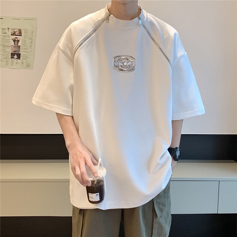 港风美式垫肩设计T恤男大码拉链WANG金属质感字母DT8791P55控78,男装T恤,星座227-7
