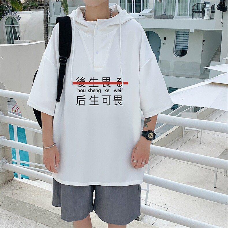 LD54028-P45连帽短袖t恤男大码胖子带帽五分袖中袖,男装T恤,电商A040
