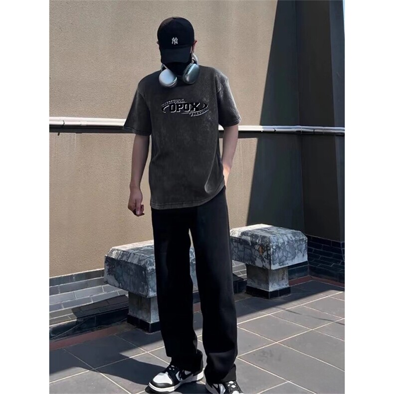 抖音得物供货240克重磅现货宽松美式纯棉水洗做旧印花T恤ATSX01,男装T恤,电商A443
