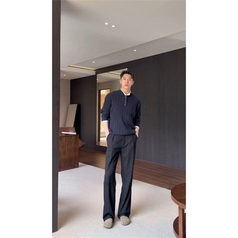 黑色直筒西裤垂感西装裤cleanfit韩版潮流微喇休闲裤K323-P40图片