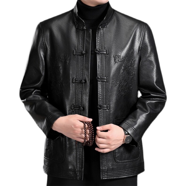 MJ-7001秋季男士休闲立领皮夹克中老年爸爸装唐装PU皮外套P115,男装皮衣,电商B360