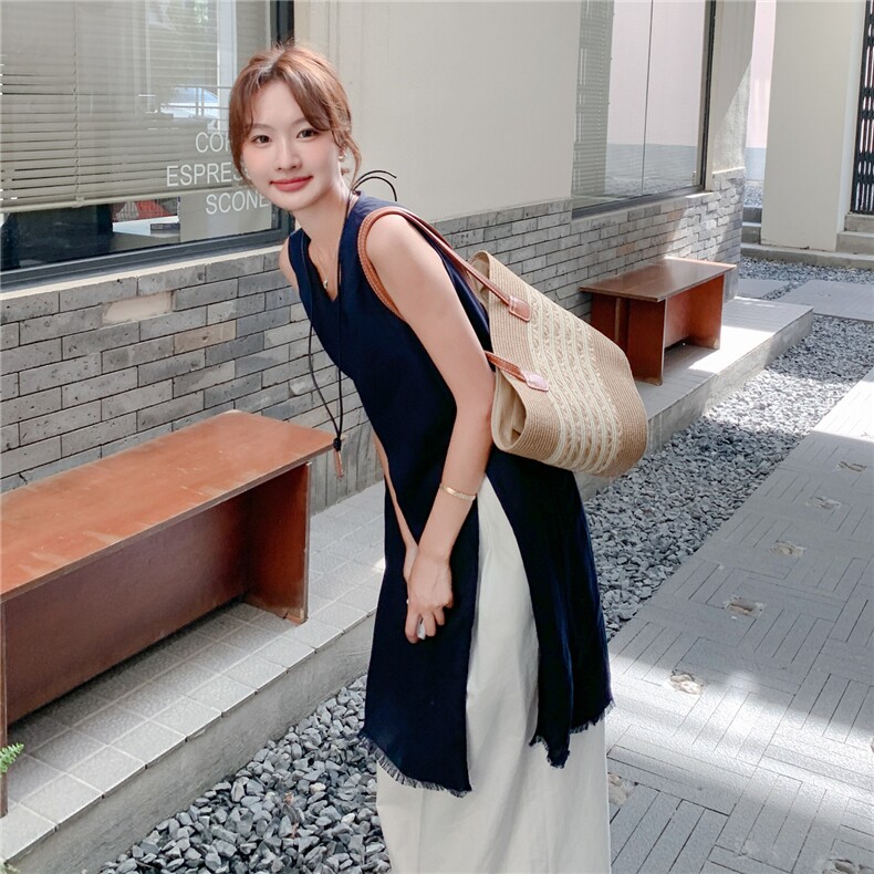 夏日流行淡人高级感两件套女2025新款蓝色流苏背心罩衫阔腿裤套装,女装套装/套裙,秋水欣儿