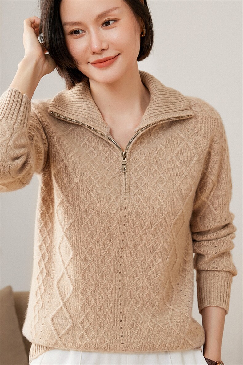 半拉链翻领2024年新款秋冬季女式35%羊绒衫,女装羊绒衫,绒又羊绒