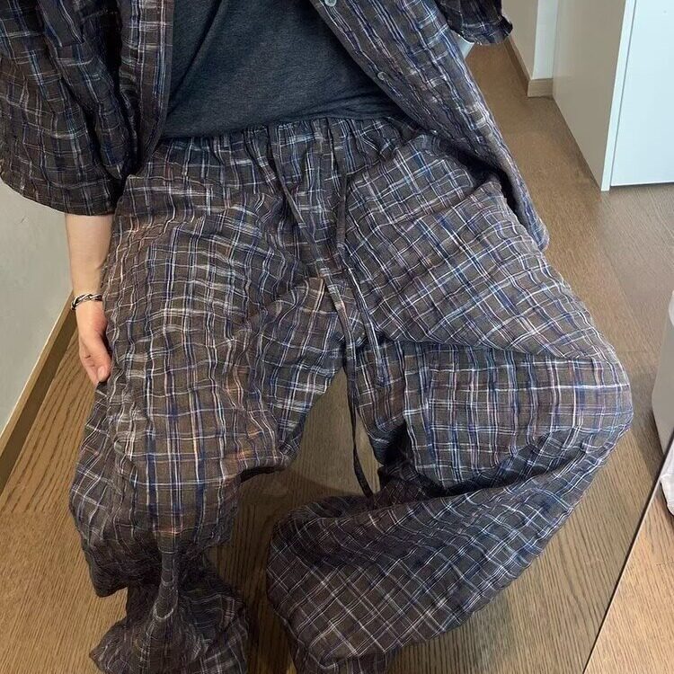 复古格子木耳边阔腿裤女夏薄款窄版宽松小个子直筒冰丝棉麻九分裤,男装休闲裤,星座1210-1