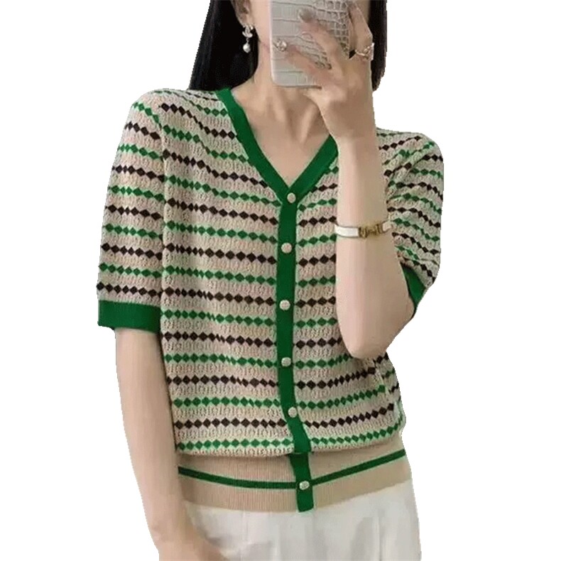夏季新款时尚气质短袖针织衫女修身显瘦百搭休闲上衣,针织衫/毛衣,郡淞羊绒